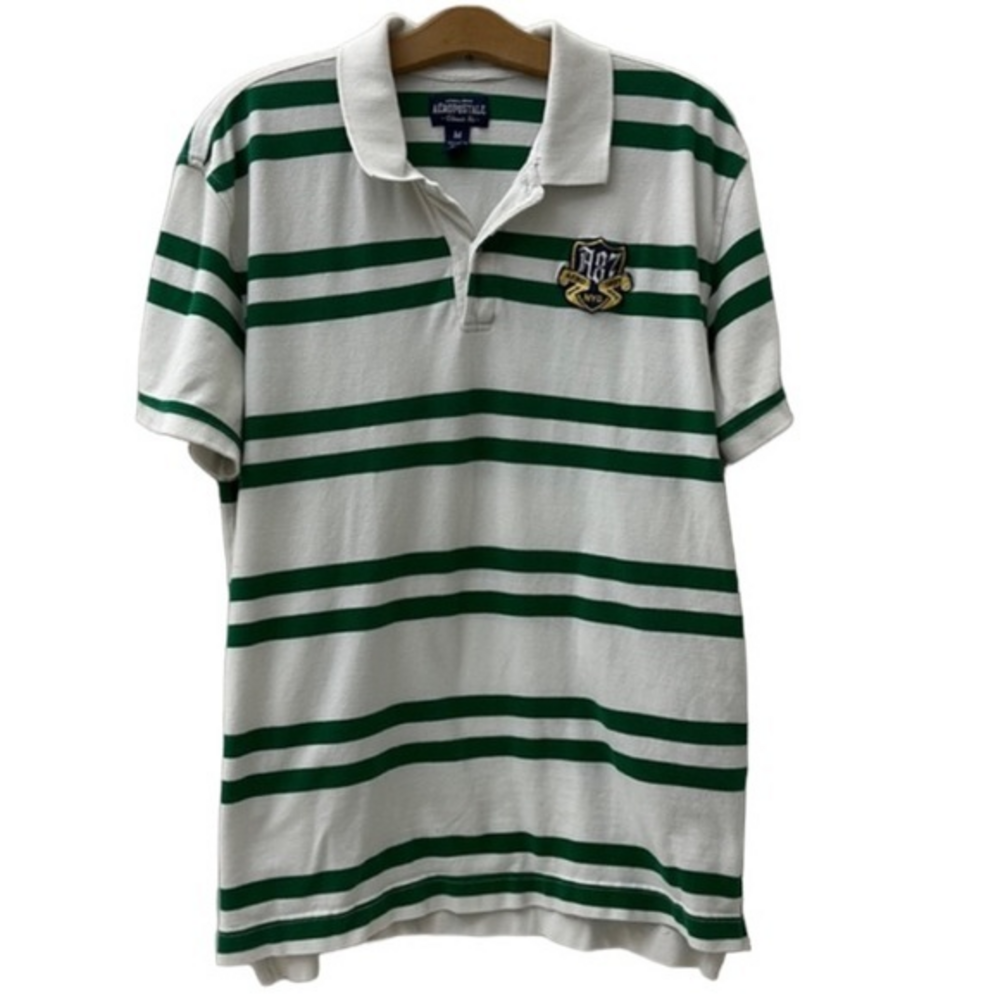 Retro Aeropostale green stripped polo shirt large logo on the front sz md  (524)